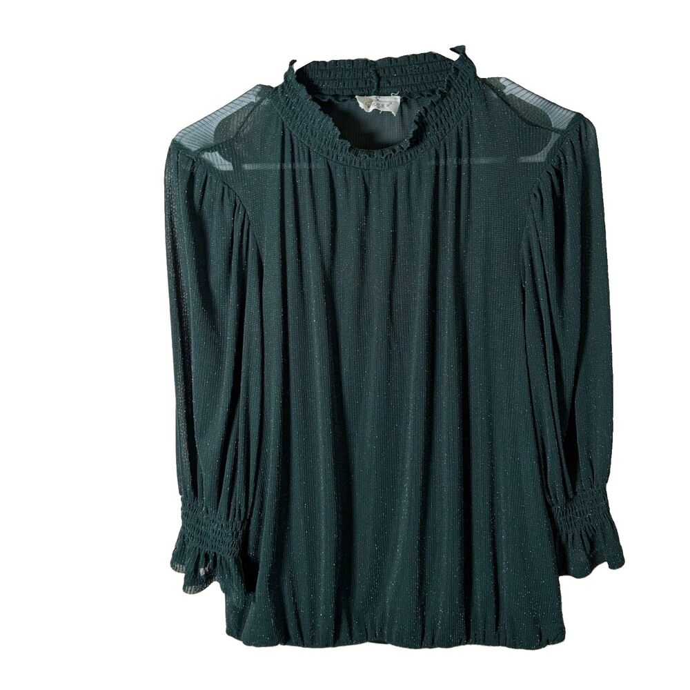 Ember Blouse Women's Medium Green Metallic Sheer Ruffle 3/4 Sleeve Top